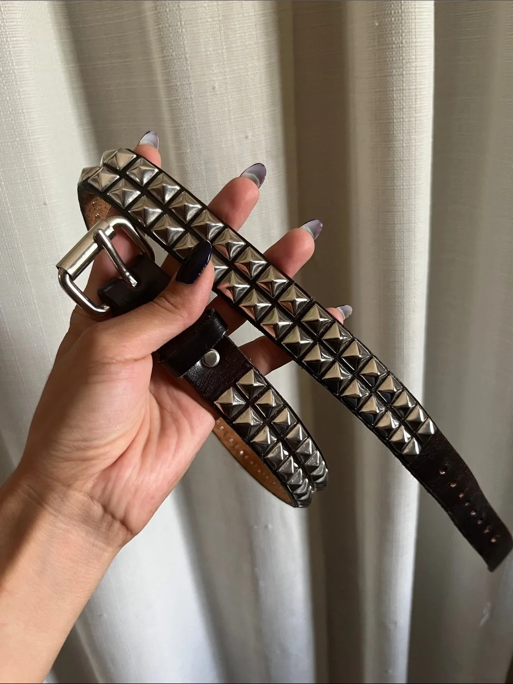 Studded Black Leather Belt with Silver Pyramid Hardware